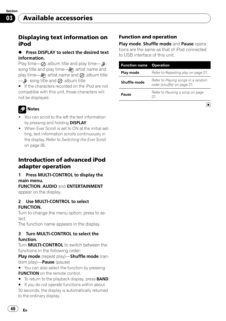 Displaying text information on, Ipod, Introduction of advanced ipod adapter | Operation, Available accessories, Displaying text information on ipod, Introduction of advanced ipod adapter operation | Pioneer DEH-P7900UB User Manual | Page 40 / 142