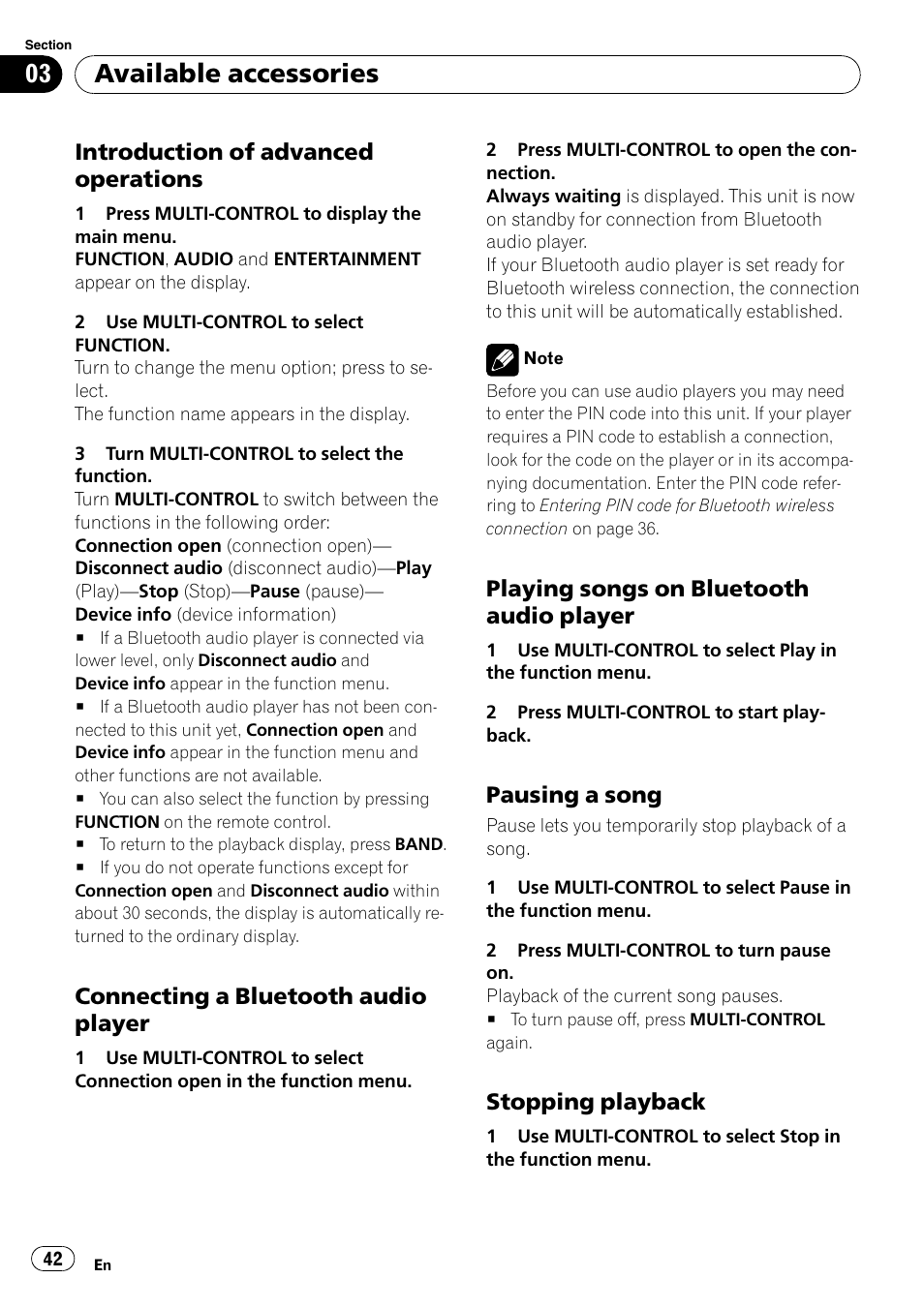 Introduction of advanced, Operations, Connecting a bluetooth audio | Player, Playing songs on bluetooth audio, Pausing a song 42, Stopping playback 42, Available accessories, Introduction of advanced operations, Connecting a bluetooth audio player | Pioneer DEH-P7900UB User Manual | Page 42 / 142