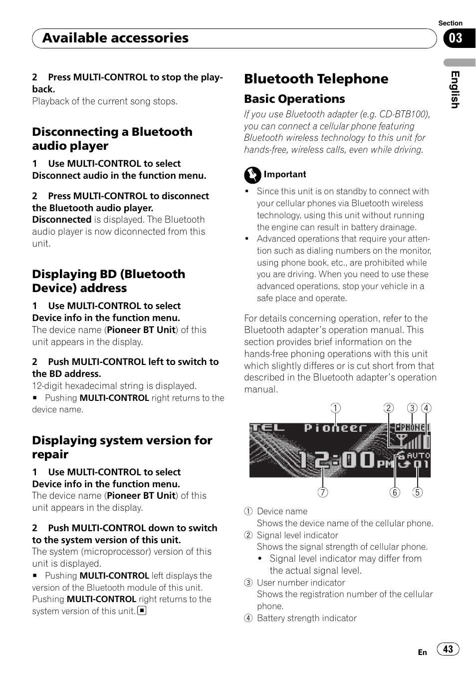 Disconnecting a bluetooth audio, Player, Displaying bd (bluetooth device) | Address, Displaying system version for, Repair, Bluetooth telephone, Basic operations 43, Available accessories | Pioneer DEH-P7900UB User Manual | Page 43 / 142