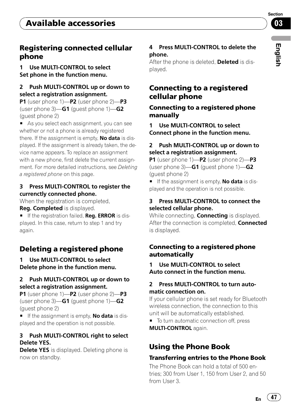 Registering connected cellular, Phone, Deleting a registered phone 47 | Connecting to a registered cellular, Using the phone book 47, Available accessories, Registering connected cellular phone, Deleting a registered phone, Connecting to a registered cellular phone, Using the phone book | Pioneer DEH-P7900UB User Manual | Page 47 / 142