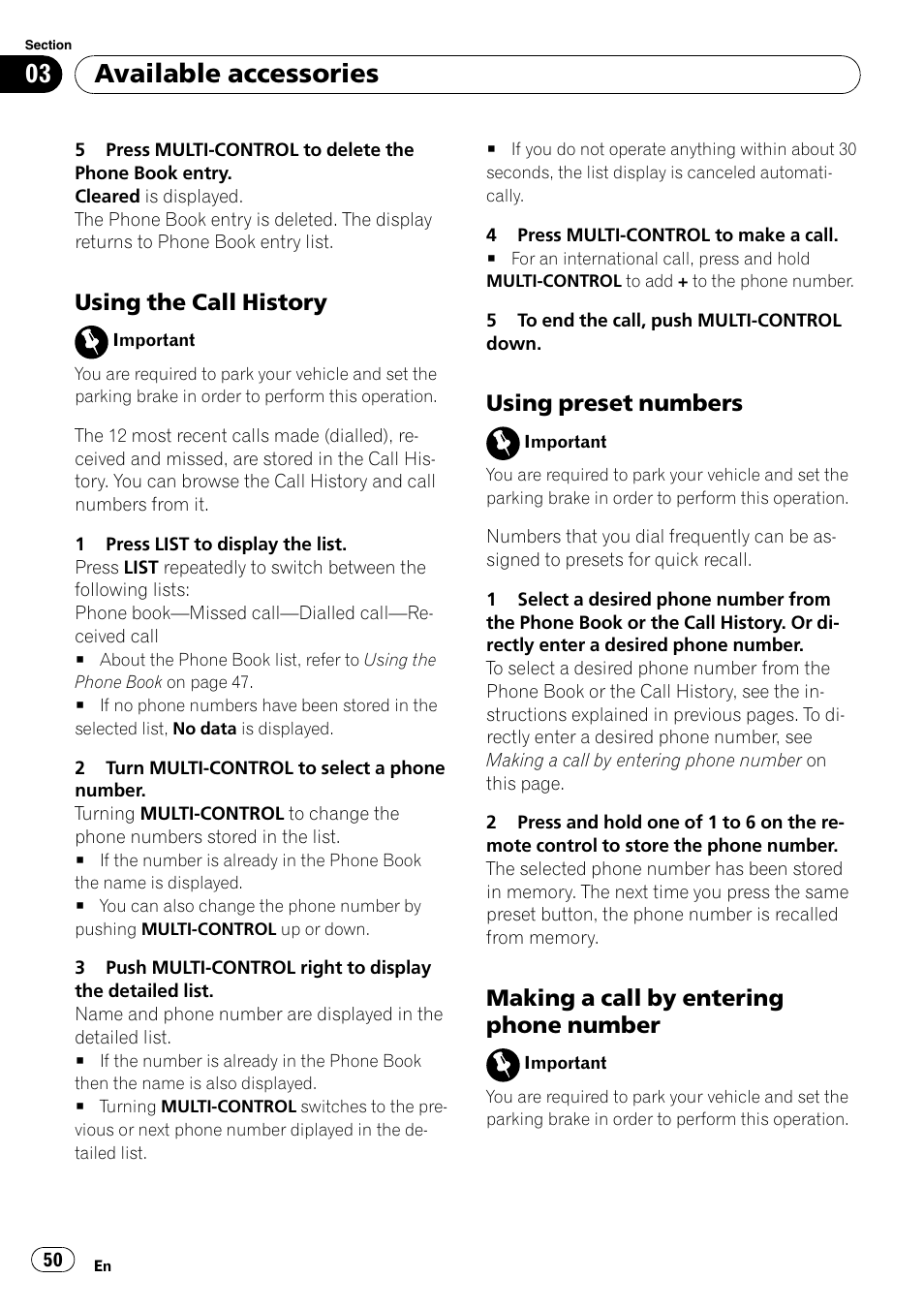 Using the call history 50, Using preset numbers 50, Making a call by entering phone | Number, Available accessories, Using the call history, Using preset numbers, Making a call by entering phone number | Pioneer DEH-P7900UB User Manual | Page 50 / 142