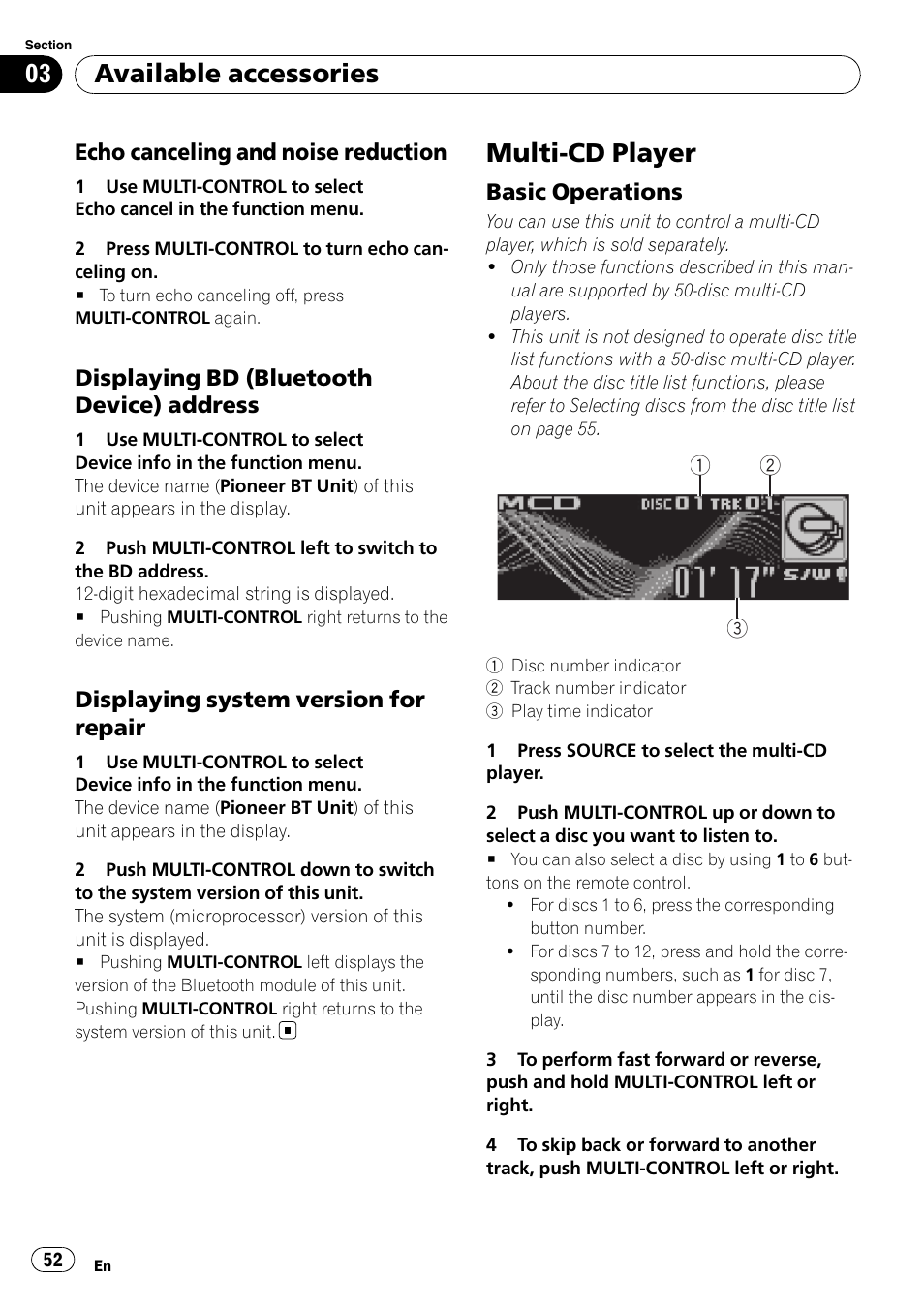 Echo canceling and noise, Reduction, Displaying bd (bluetooth device) | Address, Displaying system version for, Repair, Multi-cd player, Basic operations 52, Available accessories | Pioneer DEH-P7900UB User Manual | Page 52 / 142