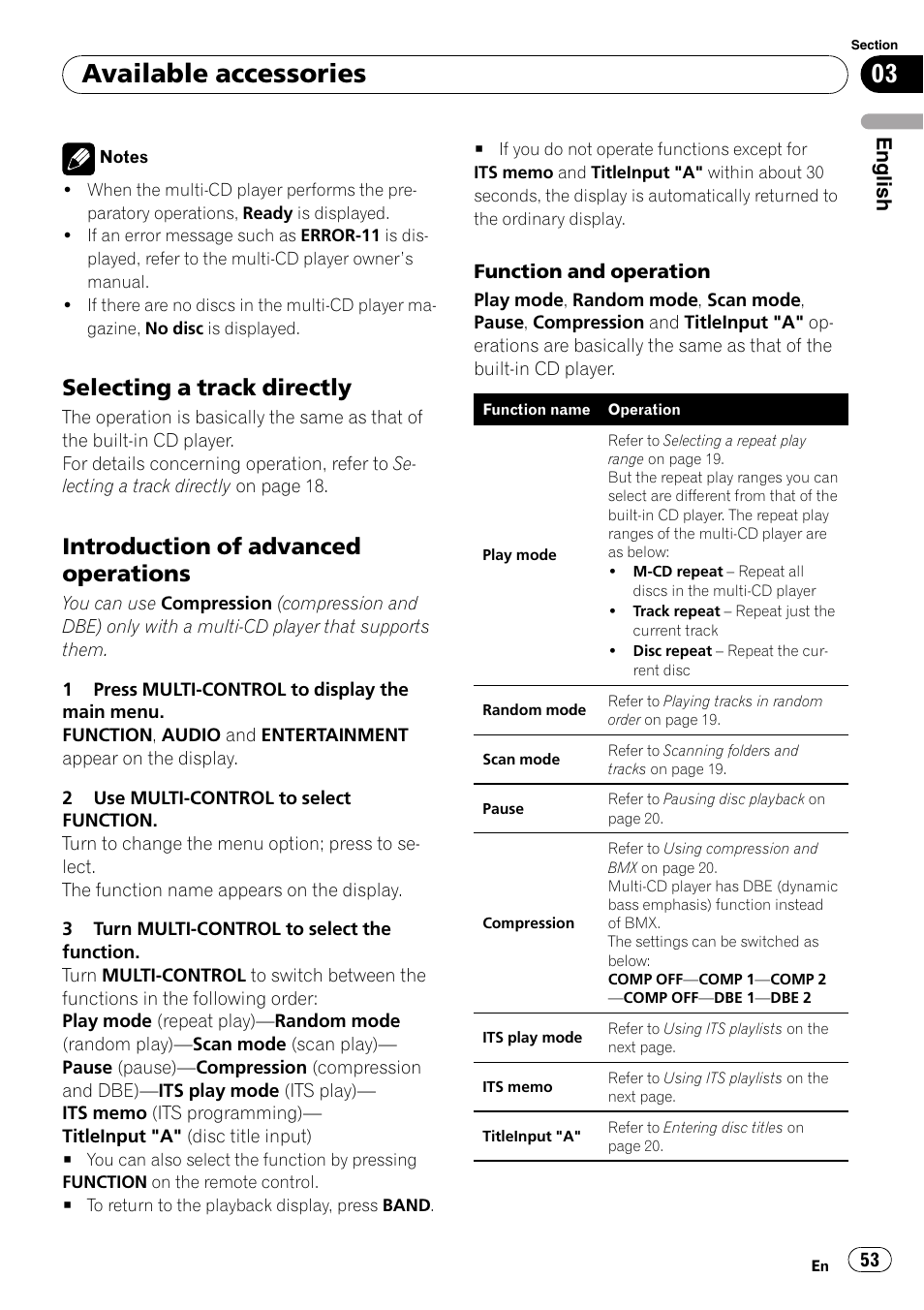 Selecting a track directly 53, Introduction of advanced, Operations | Available accessories, Selecting a track directly, Introduction of advanced operations | Pioneer DEH-P7900UB User Manual | Page 53 / 142