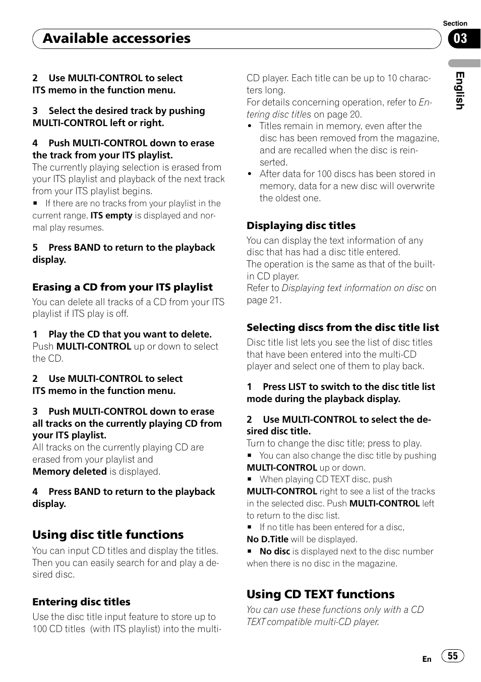 Using disc title functions 55, Using cd text functions 55, Available accessories | Using disc title functions, Using cd text functions | Pioneer DEH-P7900UB User Manual | Page 55 / 142