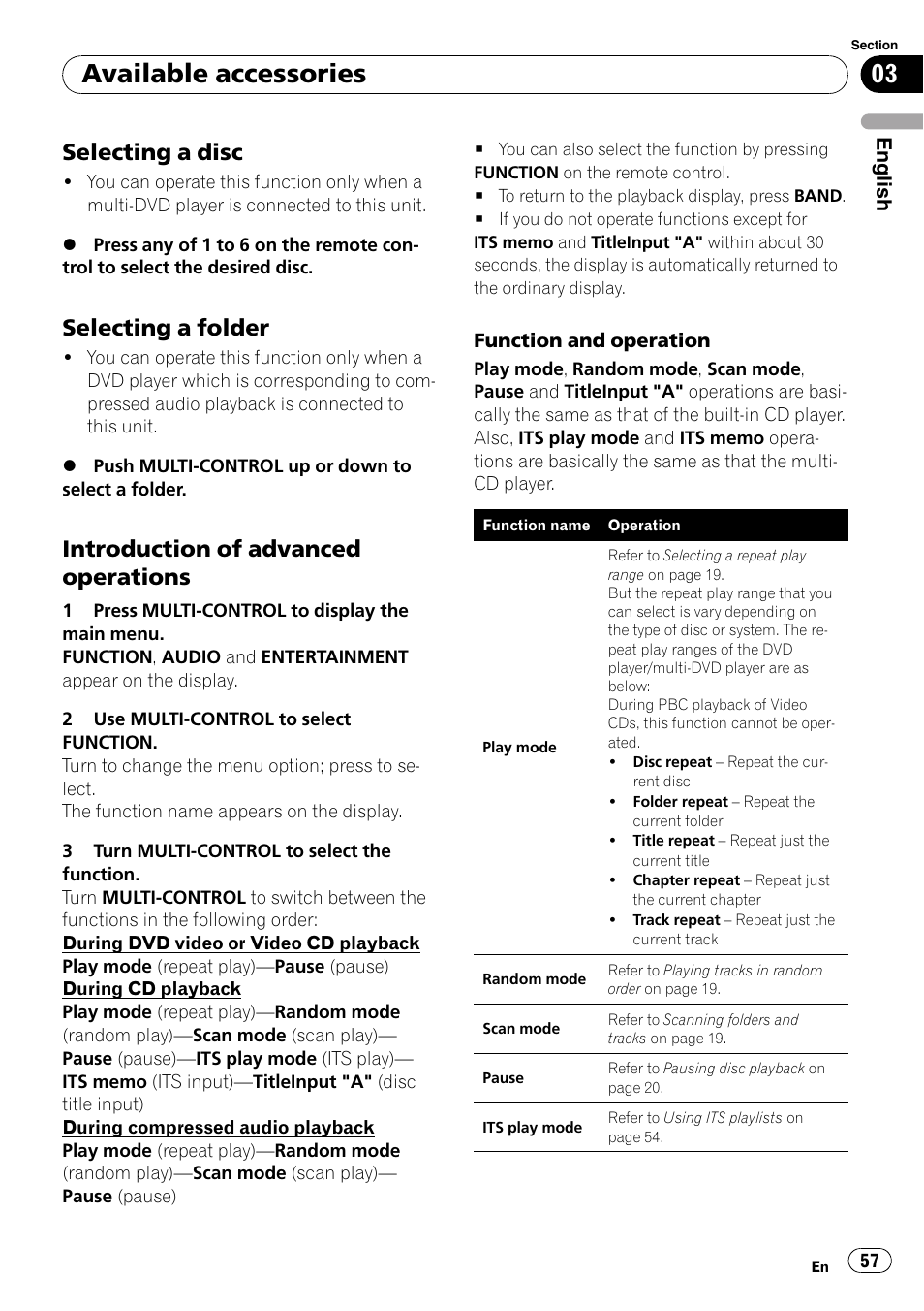 Selecting a disc 57, Selecting a folder 57, Introduction of advanced | Operations, Available accessories, Selecting a disc, Selecting a folder, Introduction of advanced operations | Pioneer DEH-P7900UB User Manual | Page 57 / 142