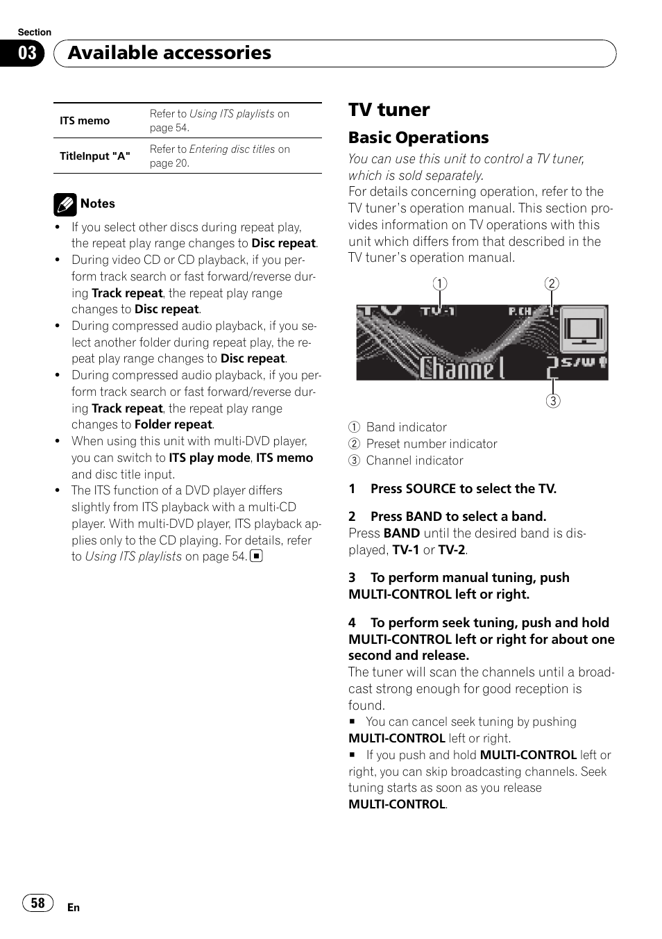 Tv tuner, Basic operations 58, Available accessories | Basic operations | Pioneer DEH-P7900UB User Manual | Page 58 / 142