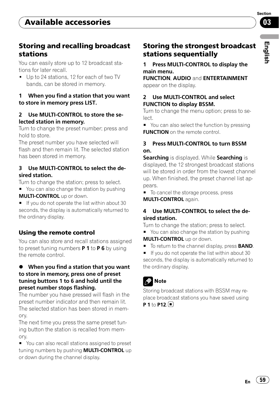 Storing and recalling broadcast, Stations, Storing the strongest broadcast | Stations sequentially, Available accessories, Storing and recalling broadcast stations | Pioneer DEH-P7900UB User Manual | Page 59 / 142