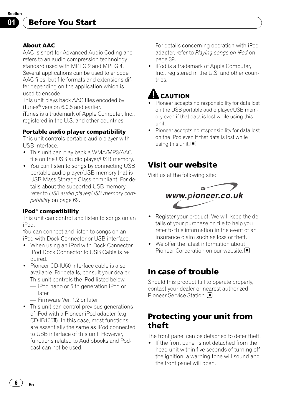 Visit our website, In case of trouble, Protecting your unit from theft | Before you start | Pioneer DEH-P7900UB User Manual | Page 6 / 142
