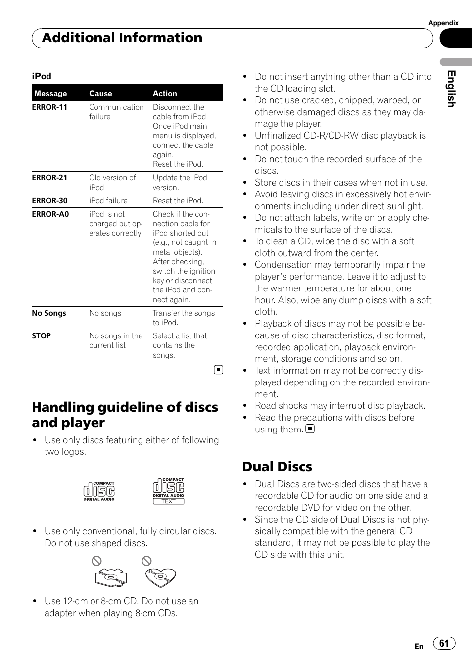 Handling guideline of discs and player, Dual discs, Additional information | Pioneer DEH-P7900UB User Manual | Page 61 / 142