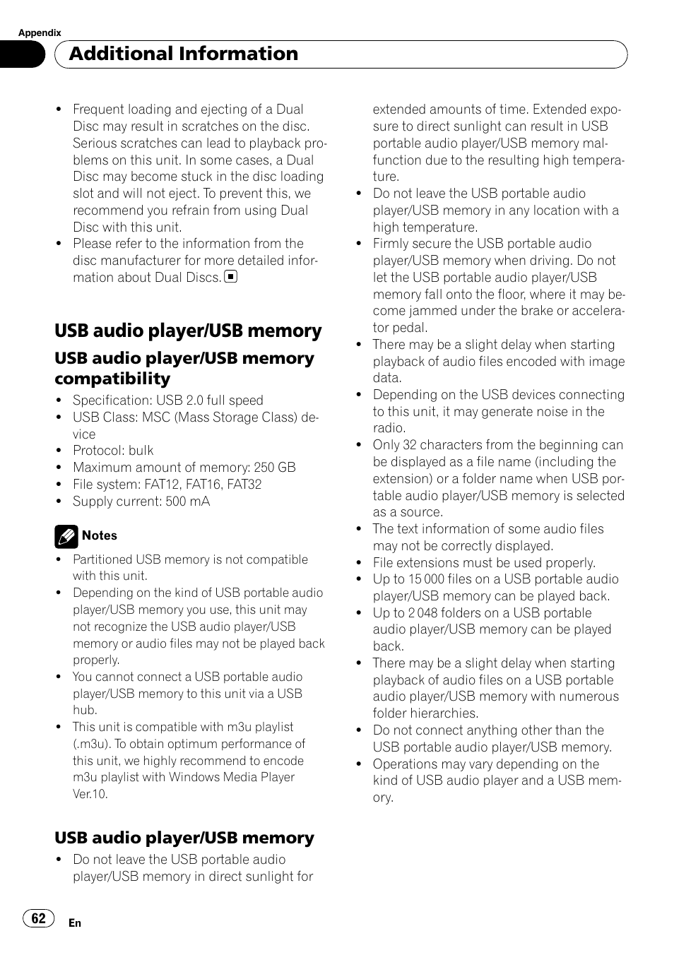 Usb audio player/usb memory, Compatibility, Usb audio player/usb memory 62 | Additional information | Pioneer DEH-P7900UB User Manual | Page 62 / 142