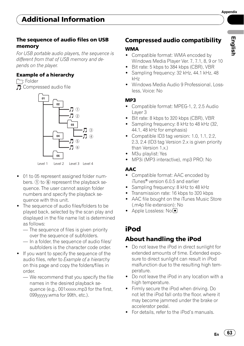 Compressed audio compatibility 63, Ipod, About handling the ipod 63 | Additional information, Compressed audio compatibility, About handling the ipod | Pioneer DEH-P7900UB User Manual | Page 63 / 142