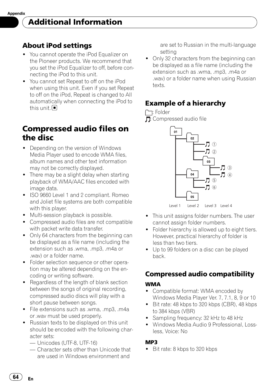 About ipod settings 64, Compressed audio files on the disc, Example of a hierarchy 64 | Compressed audio compatibility 64, Additional information, About ipod settings, Example of a hierarchy, Compressed audio compatibility | Pioneer DEH-P7900UB User Manual | Page 64 / 142