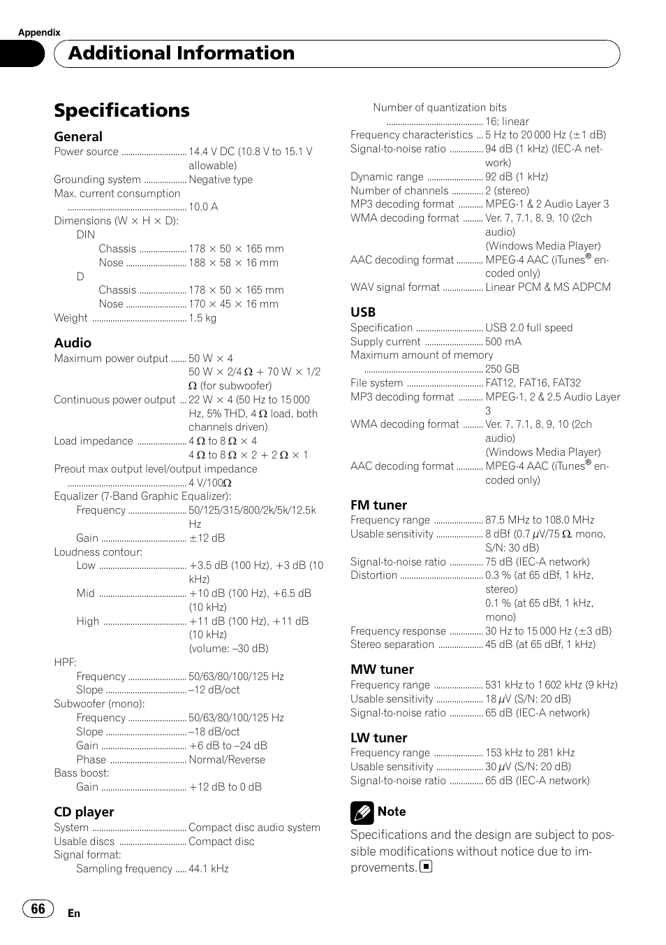 Specifications, Additional information | Pioneer DEH-P7900UB User Manual | Page 66 / 142