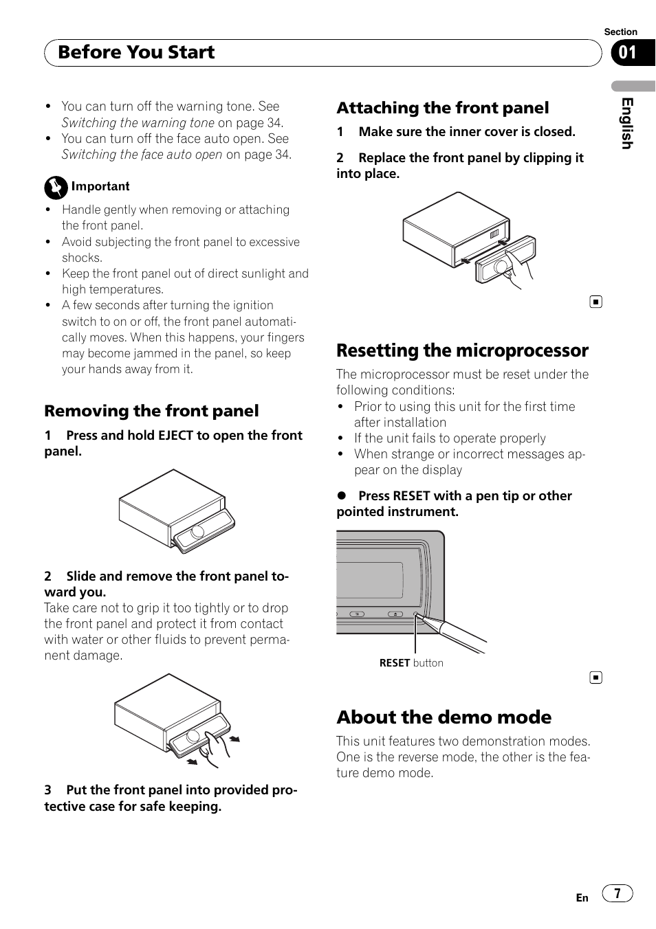 Removing the front panel 7, Attaching the front panel 7, Resetting the microprocessor | About the demo mode, Before you start, Removing the front panel, Attaching the front panel | Pioneer DEH-P7900UB User Manual | Page 7 / 142