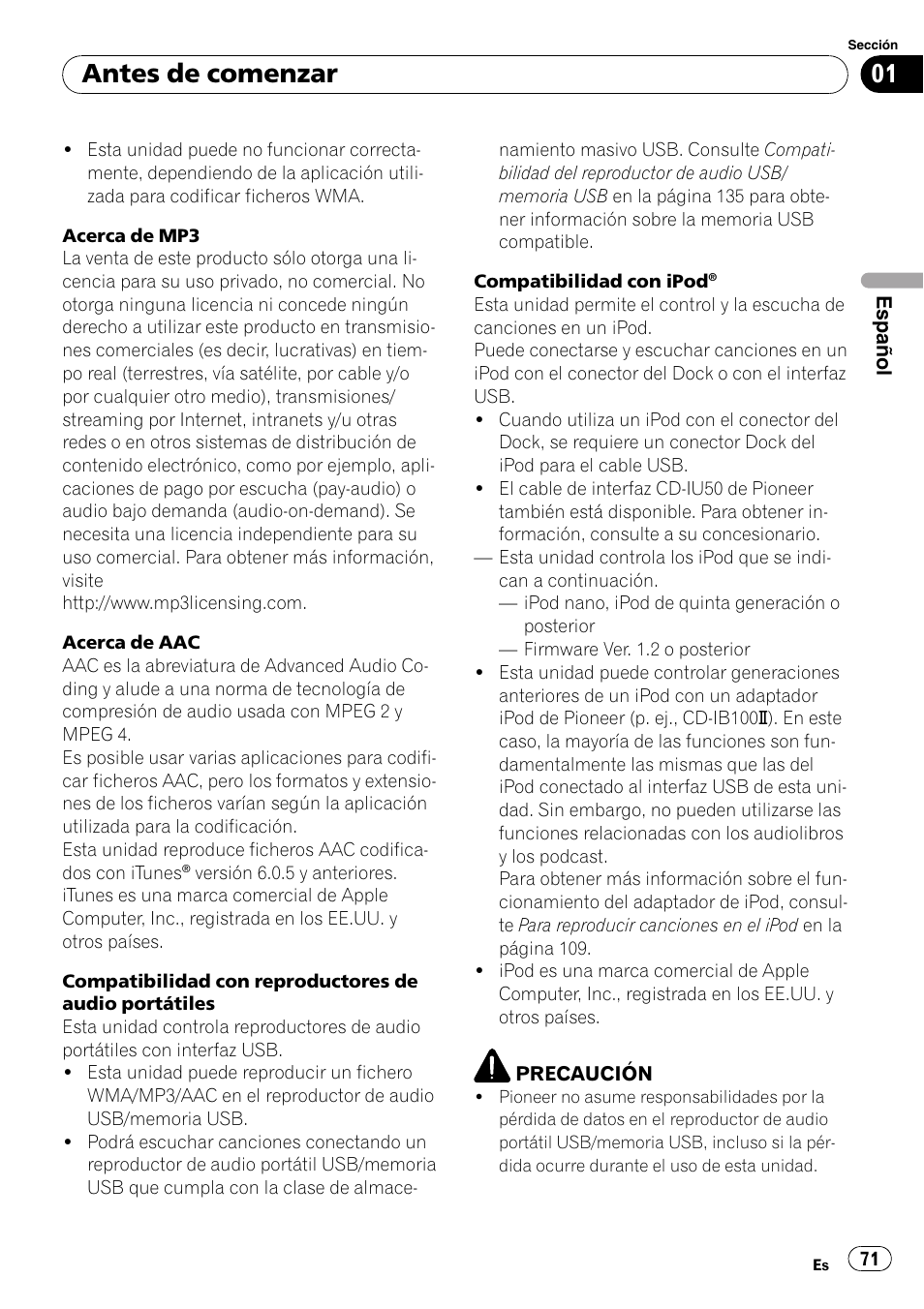 Antes de comenzar | Pioneer DEH-P7900UB User Manual | Page 71 / 142