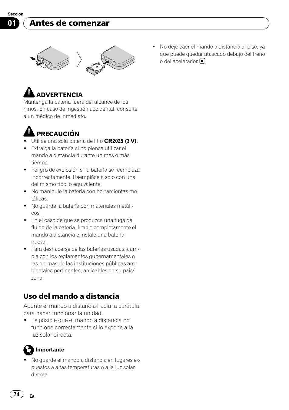 Uso del mando a distancia 74, Antes de comenzar, Uso del mando a distancia | Pioneer DEH-P7900UB User Manual | Page 74 / 142