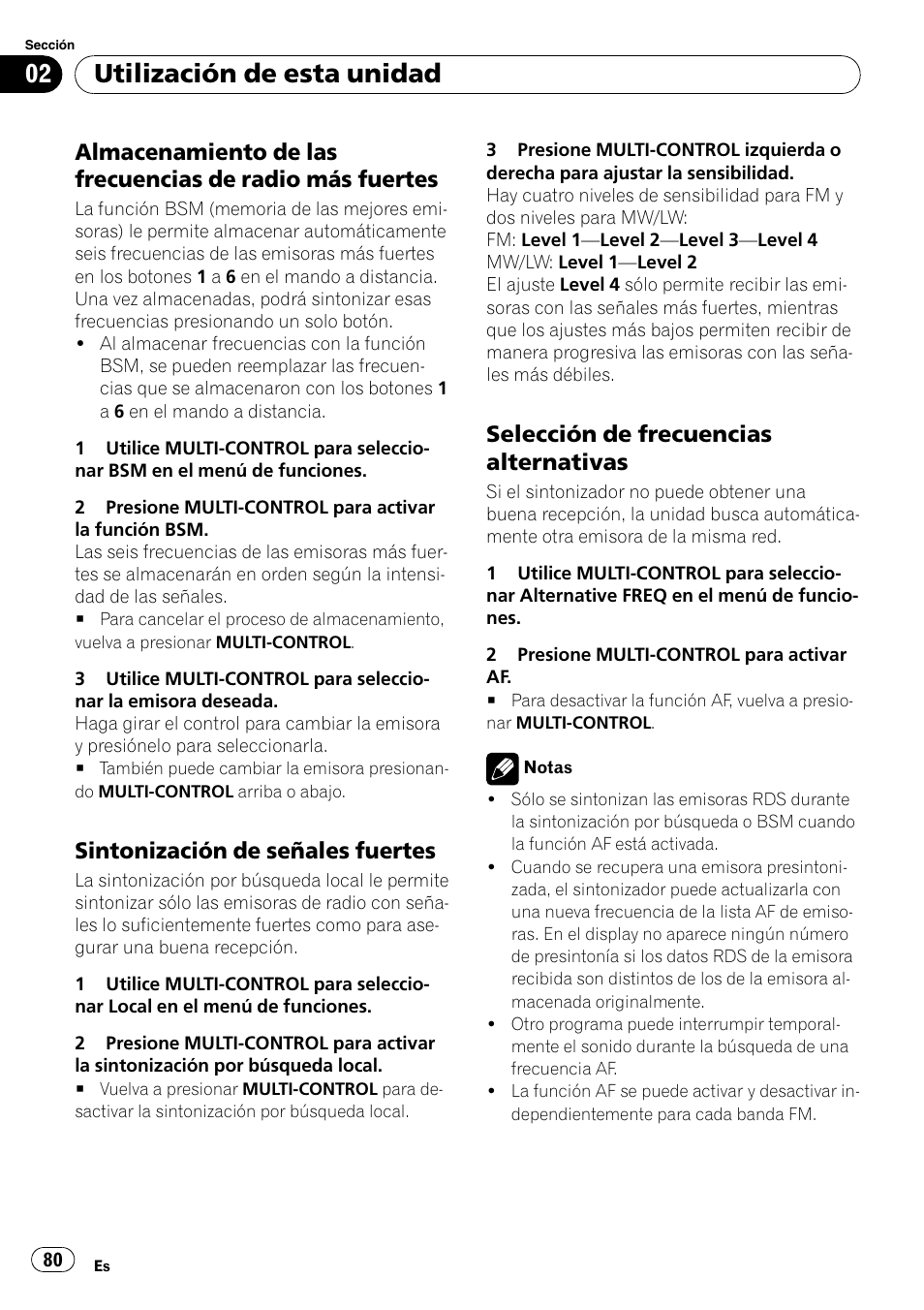 Almacenamiento de las frecuencias de, Radio más fuertes, Sintonización de señales fuertes 80 | Selección de frecuencias, Alternativas, Utilización de esta unidad, Sintonización de señales fuertes, Selección de frecuencias alternativas | Pioneer DEH-P7900UB User Manual | Page 80 / 142