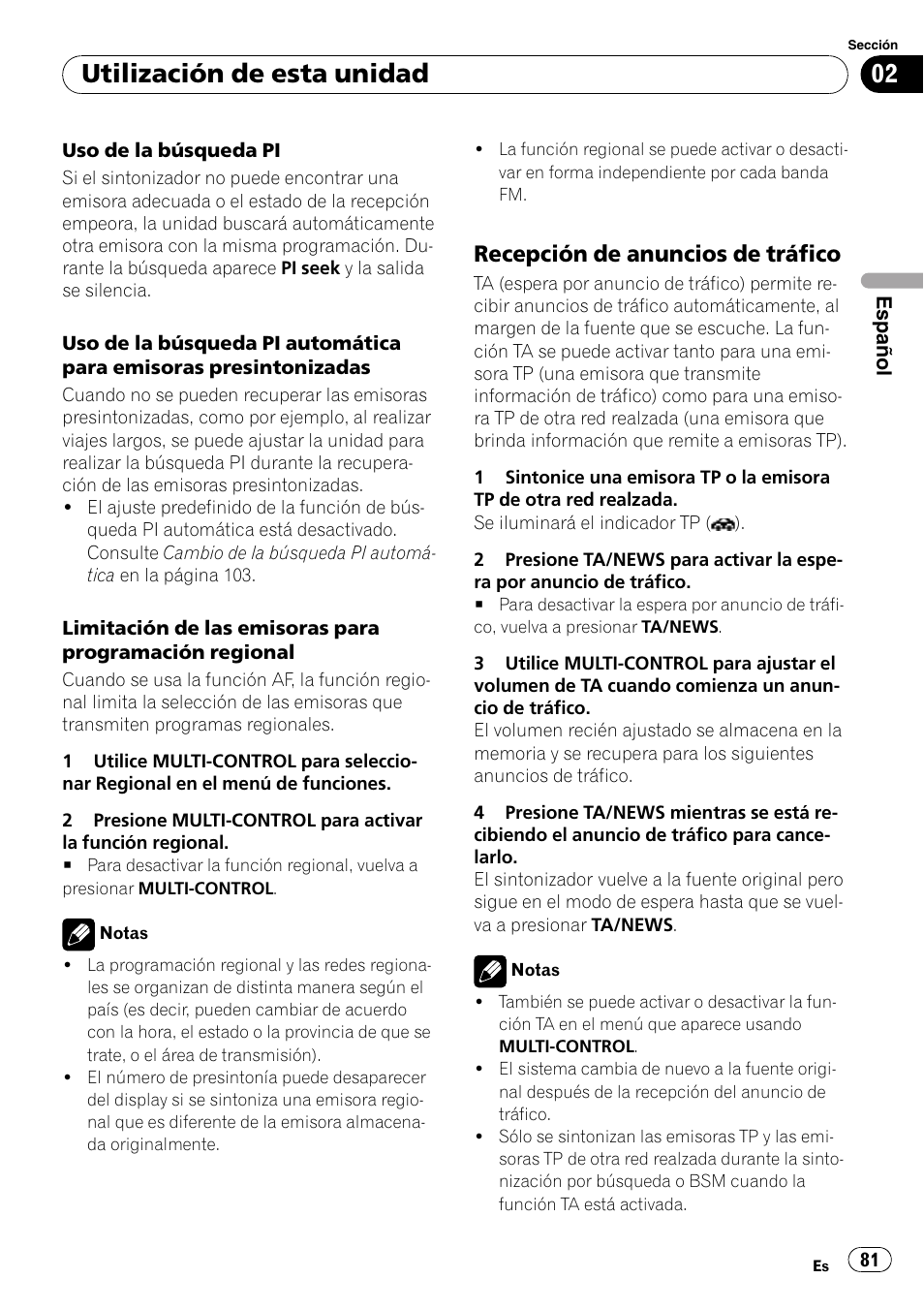 Recepción de anuncios de tráfico 81, Utilización de esta unidad, Recepción de anuncios de tráfico | Pioneer DEH-P7900UB User Manual | Page 81 / 142