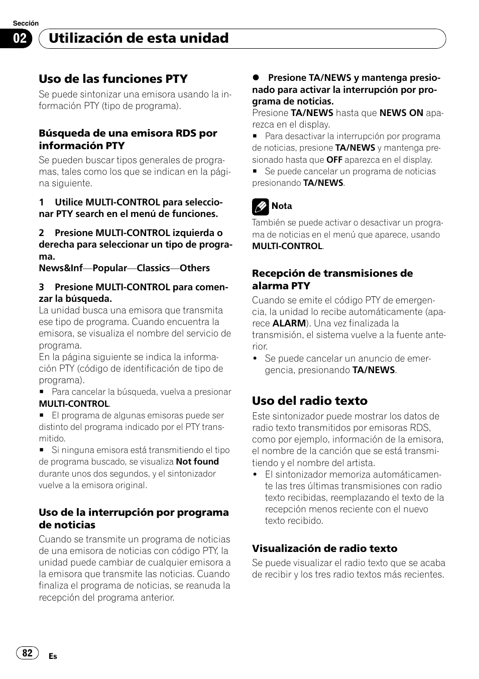 Uso de las funciones pty 82, Uso del radio texto 82, Utilización de esta unidad | Uso de las funciones pty, Uso del radio texto | Pioneer DEH-P7900UB User Manual | Page 82 / 142