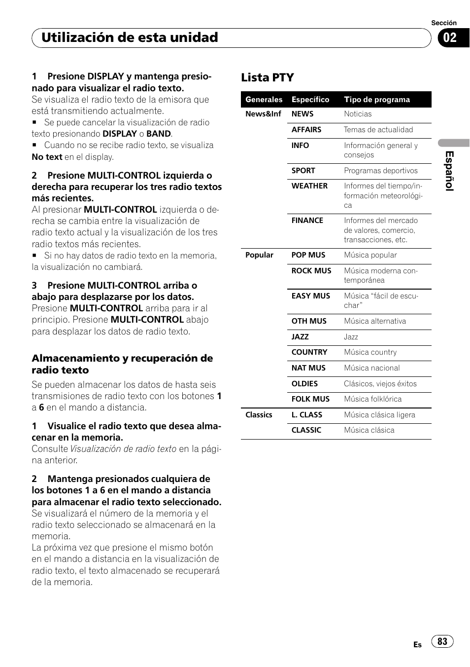 Lista pty 83, Utilización de esta unidad, Lista pty | Español | Pioneer DEH-P7900UB User Manual | Page 83 / 142