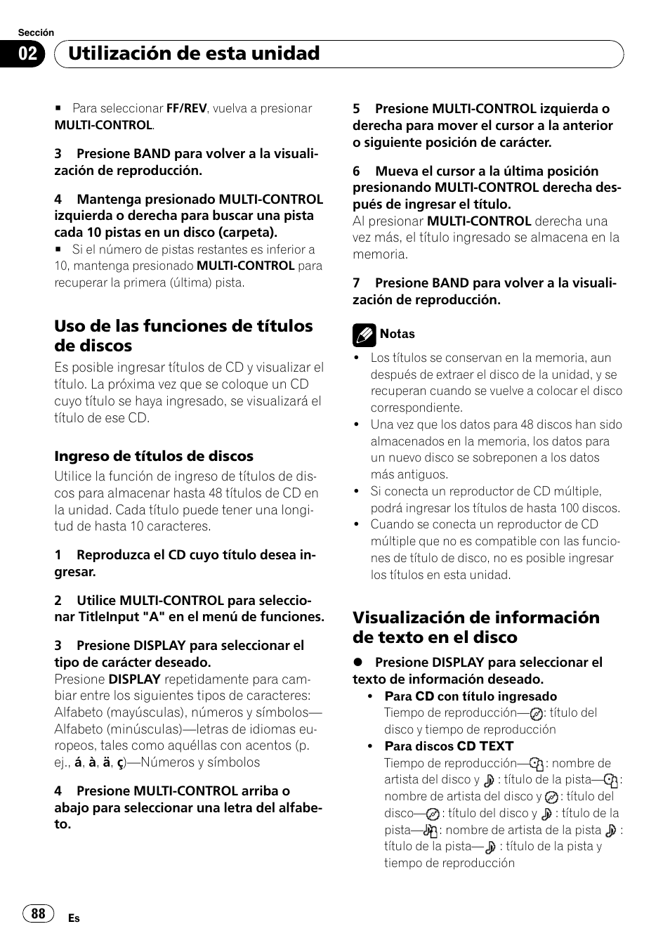 Uso de las funciones de títulos de, Discos, Visualización de información de texto | En el disco, Utilización de esta unidad, Uso de las funciones de títulos de discos, Visualización de información de texto en el disco | Pioneer DEH-P7900UB User Manual | Page 88 / 142