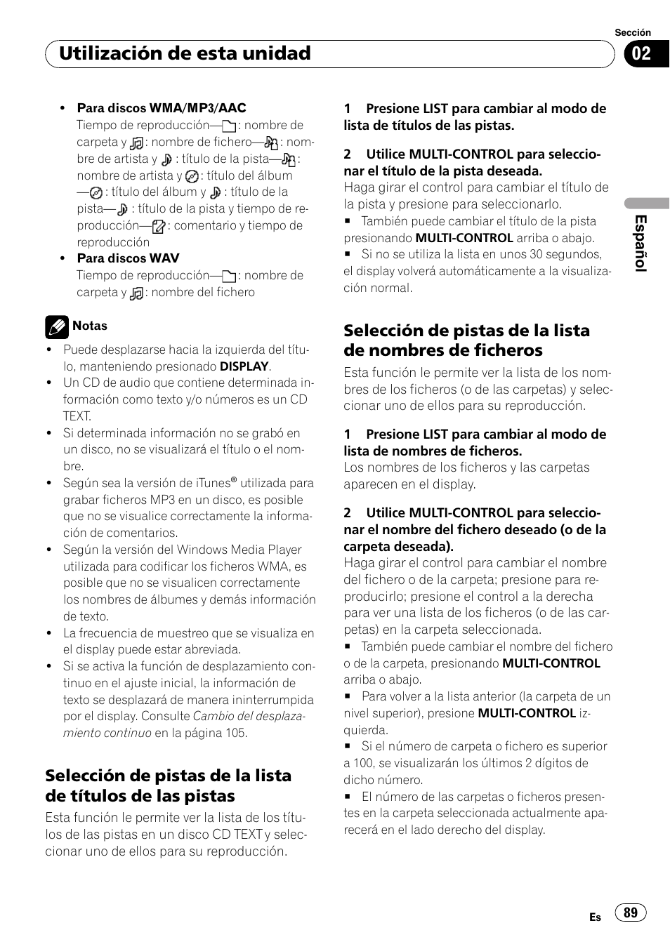 Selección de pistas de la lista de títulos, De las pistas, Selección de pistas de la lista de | Nombres de ficheros, Utilización de esta unidad | Pioneer DEH-P7900UB User Manual | Page 89 / 142