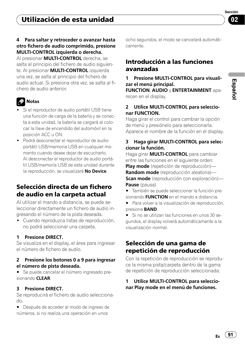 Selección directa de un fichero de, Audio en la carpeta actual, Introducción a las funciones | Avanzadas, Selección de una gama de repetición, De reproducción, Utilización de esta unidad, Introducción a las funciones avanzadas | Pioneer DEH-P7900UB User Manual | Page 91 / 142