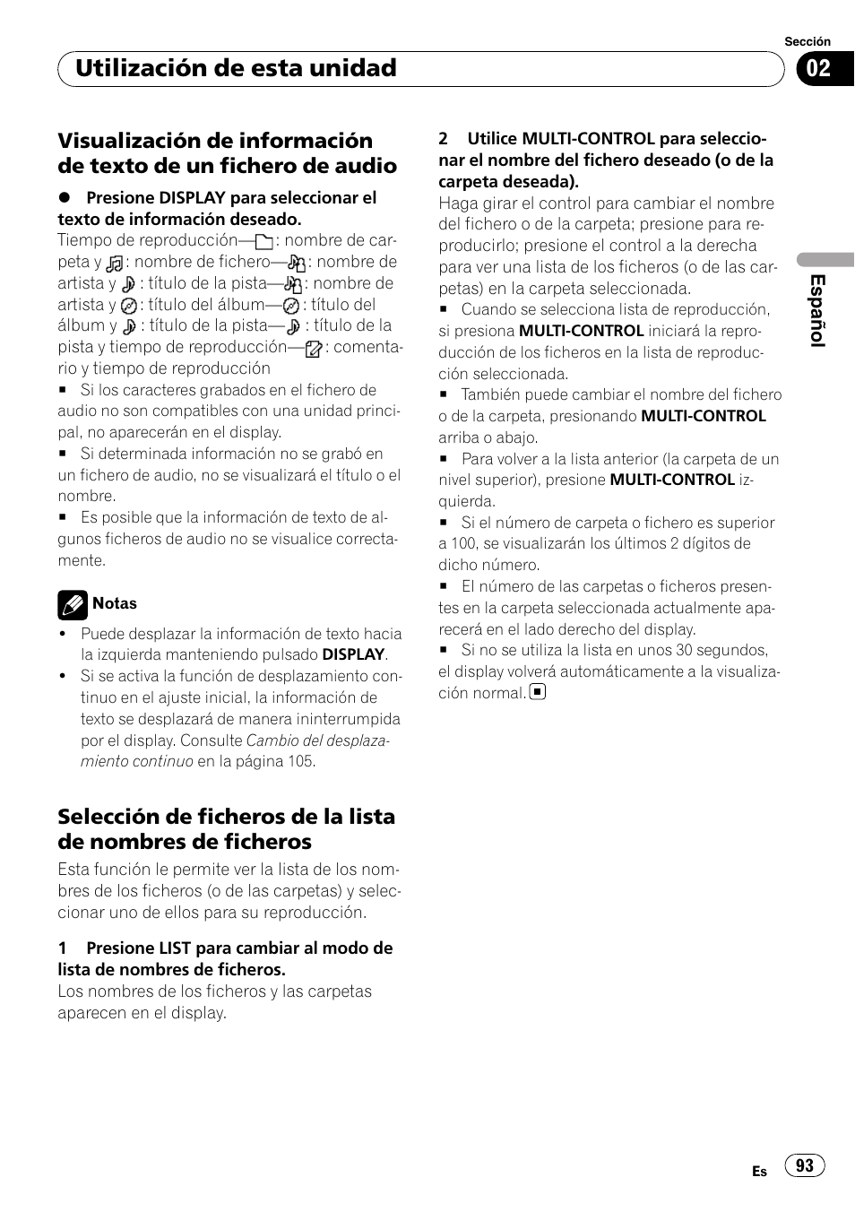 Visualización de información de texto, De un fichero de audio, Selección de ficheros de la lista de | Nombres de ficheros, Utilización de esta unidad | Pioneer DEH-P7900UB User Manual | Page 93 / 142