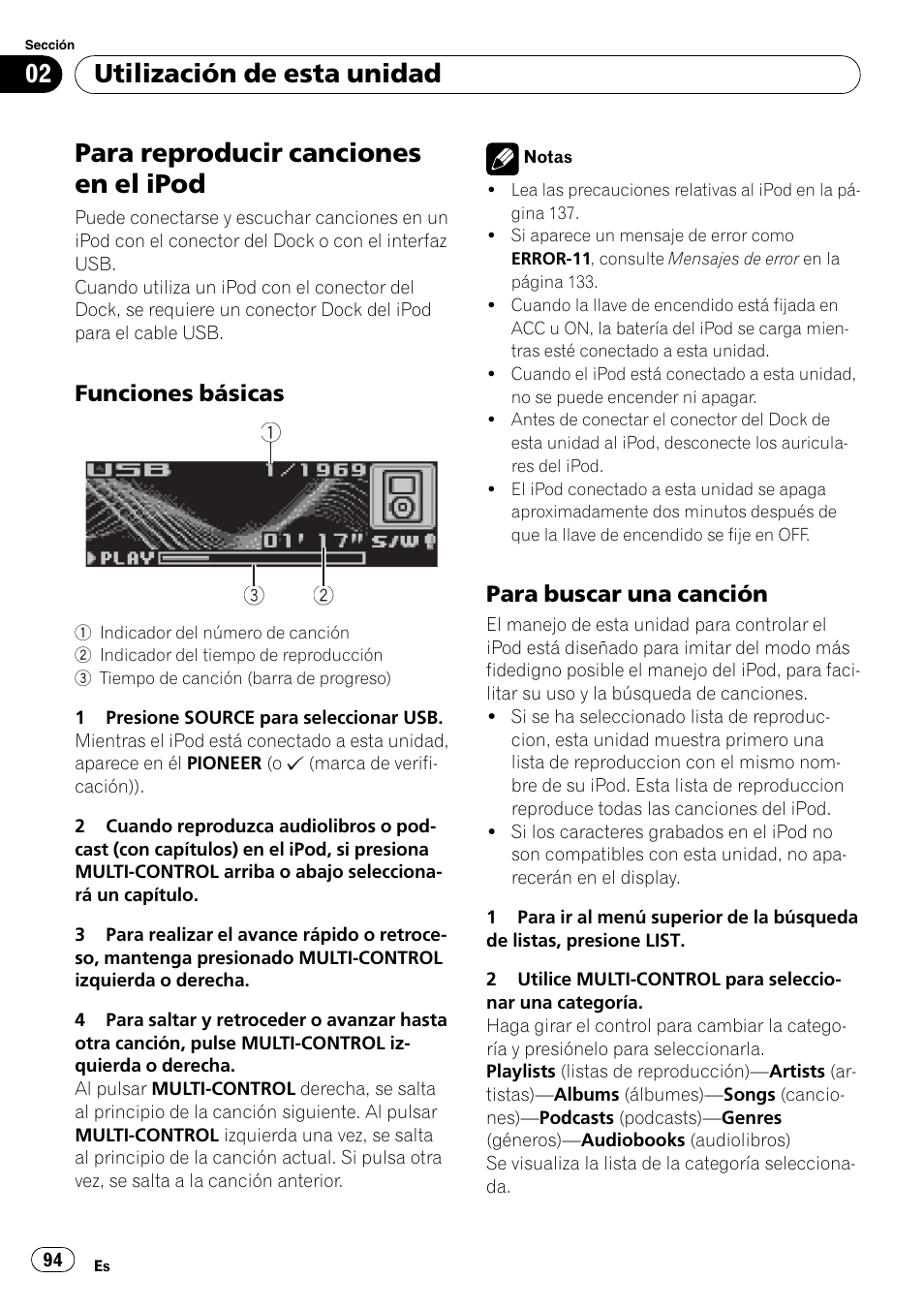 Para reproducir canciones en el ipod, Funciones básicas 94, Para buscar una canción 94 | Utilización de esta unidad, Funciones básicas, Para buscar una canción | Pioneer DEH-P7900UB User Manual | Page 94 / 142