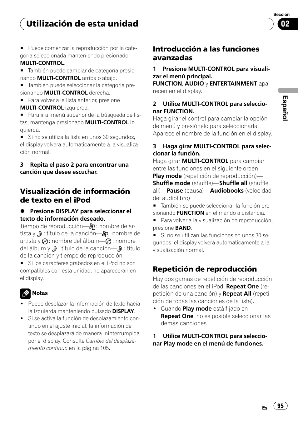 Visualización de información de texto, En el ipod, Introducción a las funciones | Avanzadas, Repetición de reproducción 95, Utilización de esta unidad, Visualización de información de texto en el ipod, Introducción a las funciones avanzadas, Repetición de reproducción | Pioneer DEH-P7900UB User Manual | Page 95 / 142