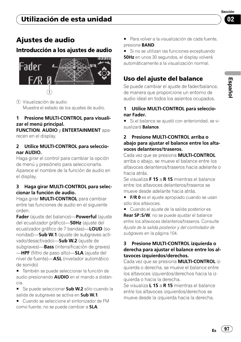 Ajustes de audio, Introducción a los ajustes de audio 97, Uso del ajuste del balance 97 | Utilización de esta unidad, Introducción a los ajustes de audio, Uso del ajuste del balance | Pioneer DEH-P7900UB User Manual | Page 97 / 142