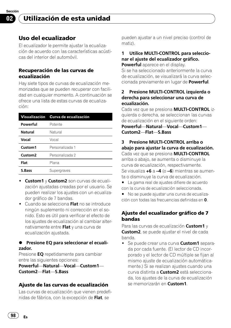 Uso del ecualizador 98, Utilización de esta unidad, Uso del ecualizador | Pioneer DEH-P7900UB User Manual | Page 98 / 142