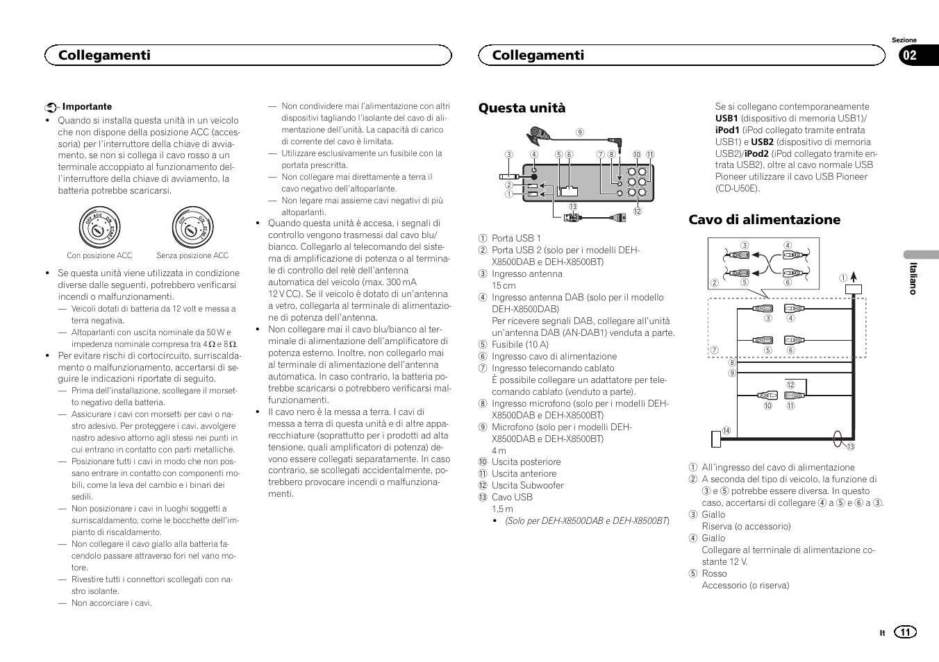 Questa unità, Cavo di alimentazione, Collegamenti | Pioneer DEH-X7500SD User Manual | Page 11 / 32