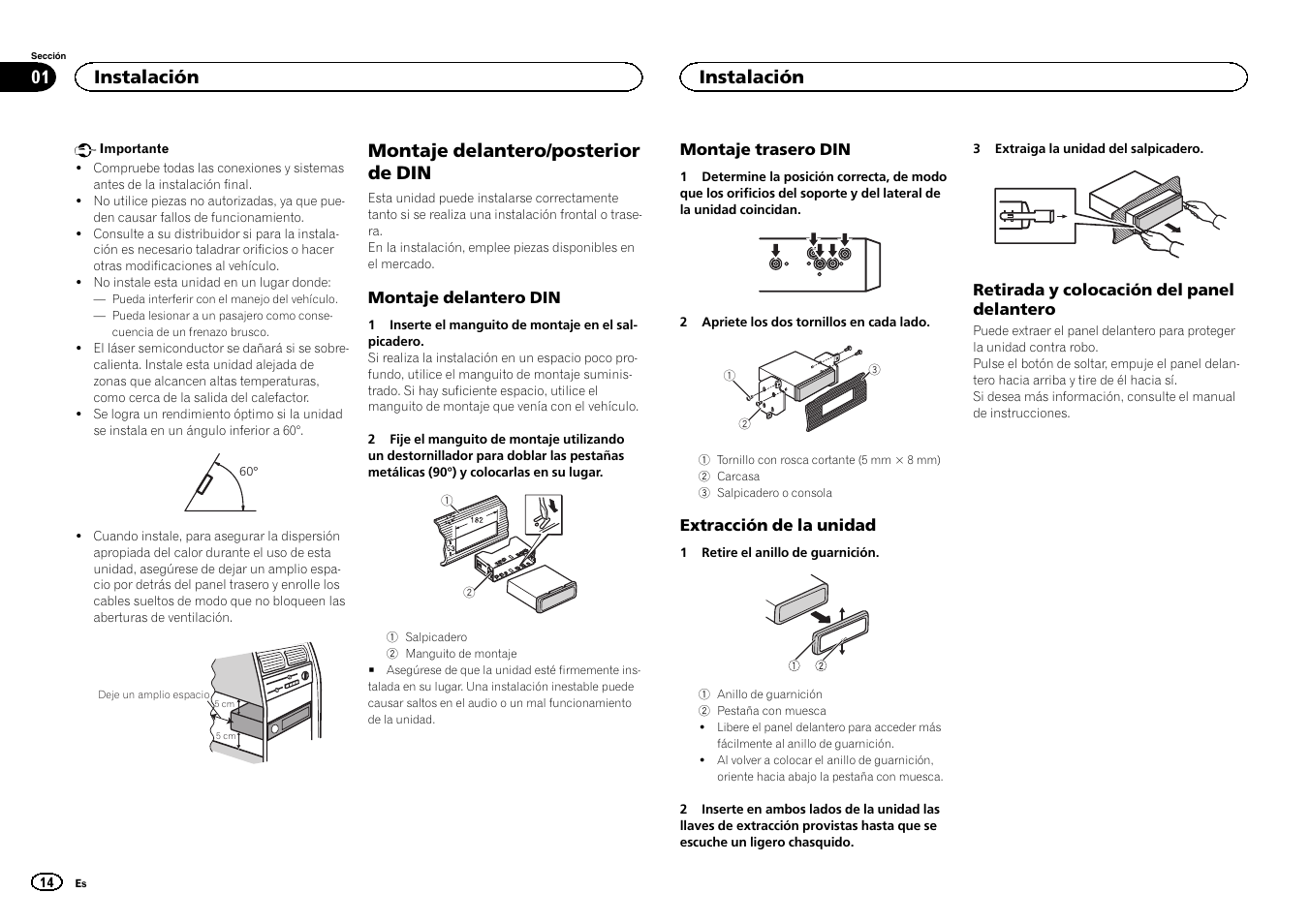 Español, Montaje delantero/posterior de din, Instalación | Pioneer DEH-X7500SD User Manual | Page 14 / 32