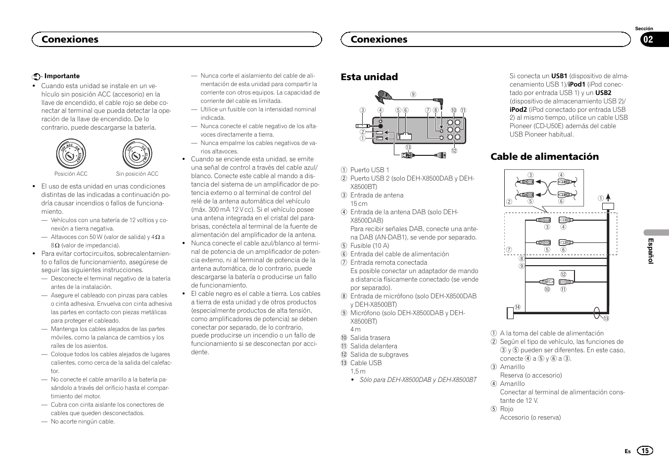 Esta unidad, Cable de alimentación, Conexiones | Pioneer DEH-X7500SD User Manual | Page 15 / 32