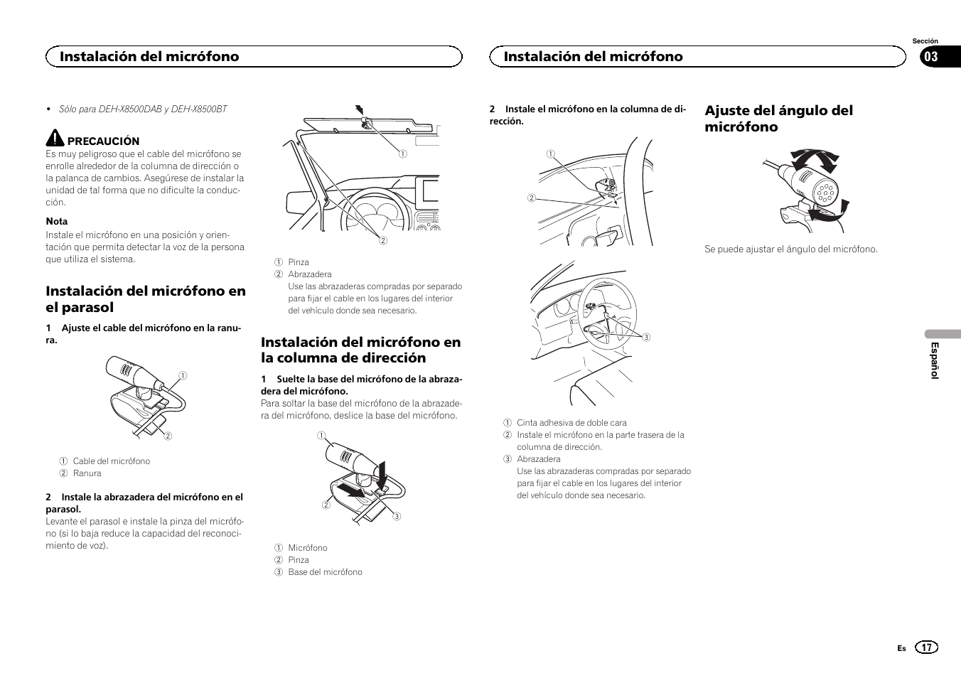 Instalación del micrófono en el parasol, Ajuste del ángulo del micrófono, Instalación del micrófono | Pioneer DEH-X7500SD User Manual | Page 17 / 32