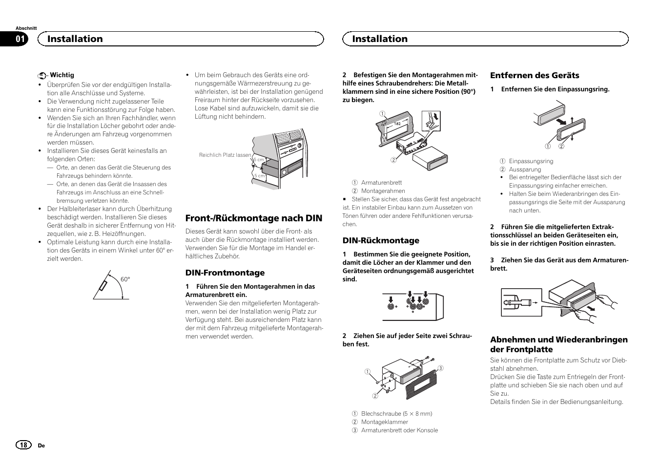 Deutsch, Front-/rückmontage nach din, Installation | Pioneer DEH-X7500SD User Manual | Page 18 / 32