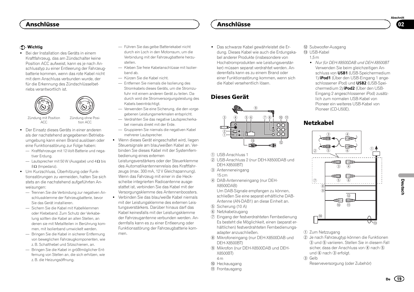 Dieses gerät, Netzkabel, Anschlüsse | Pioneer DEH-X7500SD User Manual | Page 19 / 32