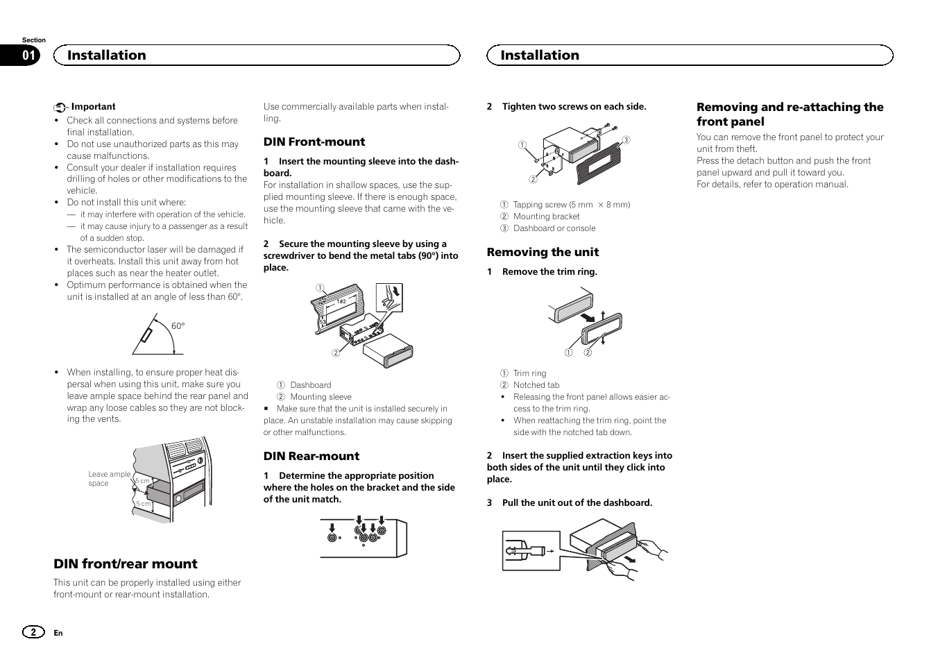 English, Din front/rear mount, Installation | Pioneer DEH-X7500SD User Manual | Page 2 / 32