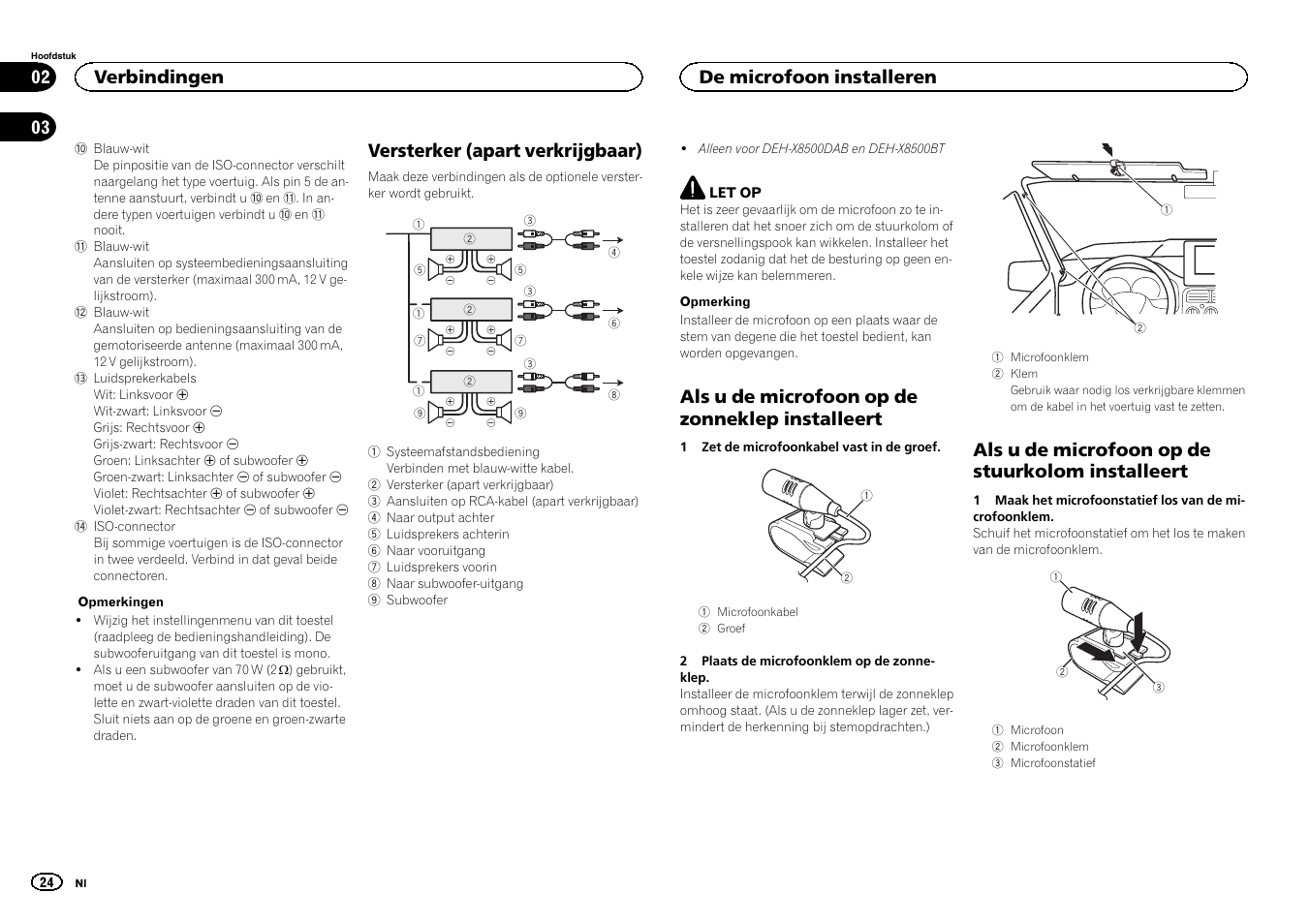 Versterker (apart verkrijgbaar), Als u de microfoon op de zonneklep installeert, Als u de microfoon op de stuurkolom installeert | Verbindingen, De microfoon installeren | Pioneer DEH-X7500SD User Manual | Page 24 / 32