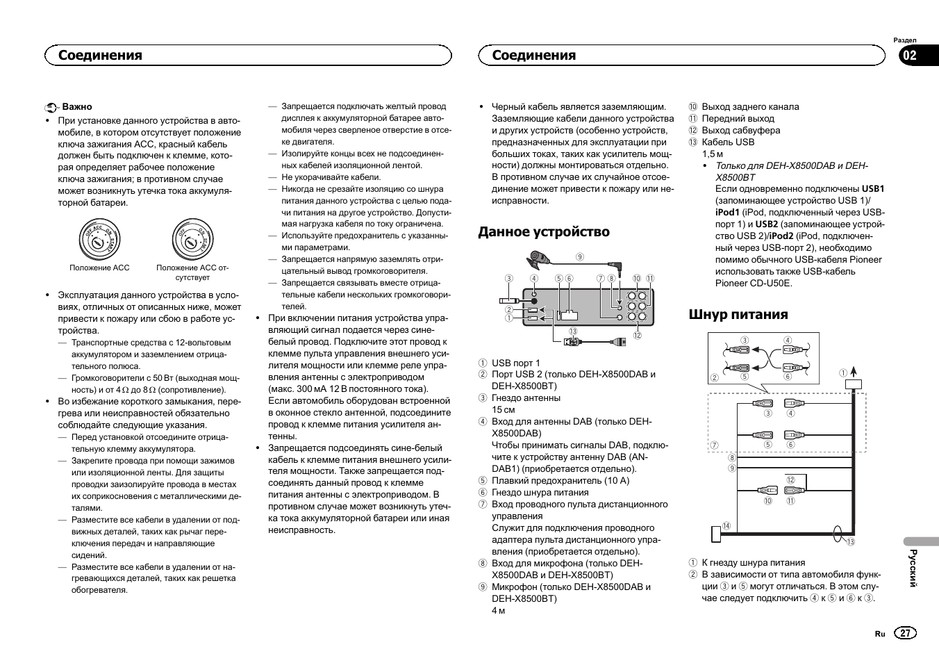 Данное устройство, Шнур питания, Соединения | Pioneer DEH-X7500SD User Manual | Page 27 / 32