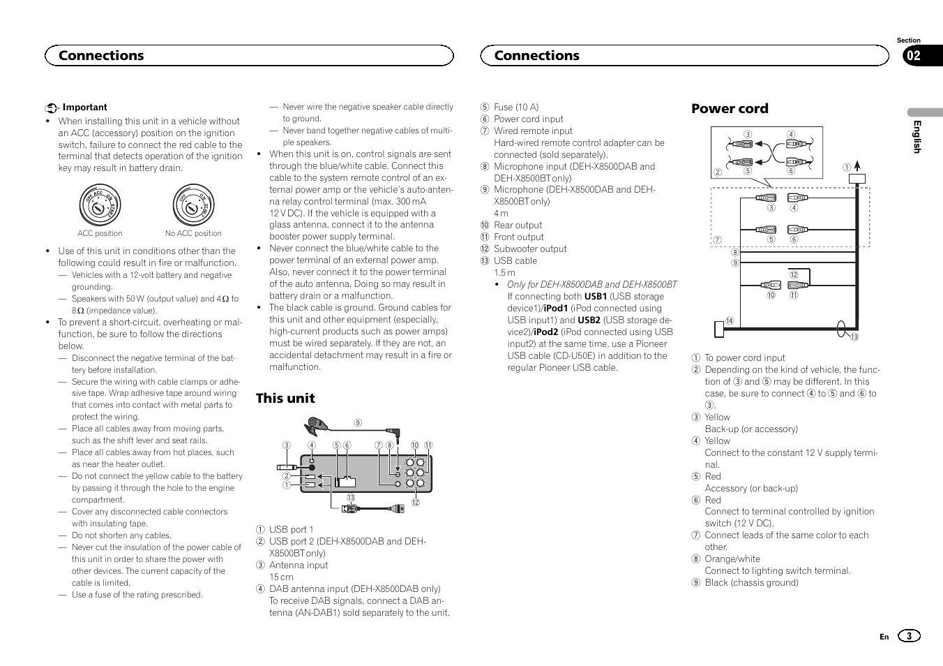 This unit, Power cord, Connections | Pioneer DEH-X7500SD User Manual | Page 3 / 32