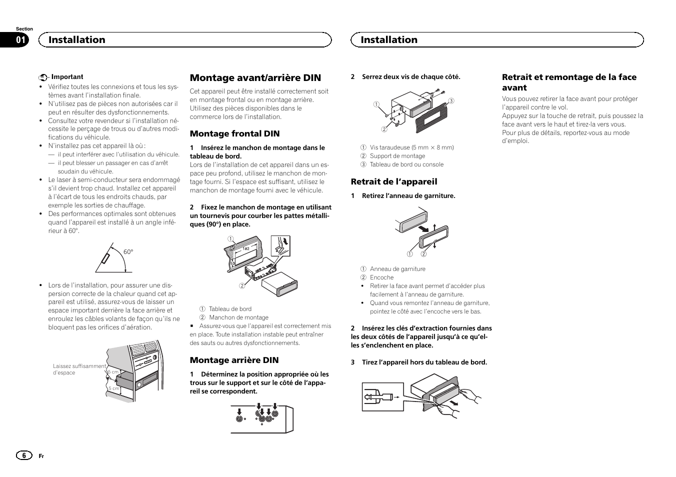 Français, Montage avant/arrière din, Installation | Pioneer DEH-X7500SD User Manual | Page 6 / 32