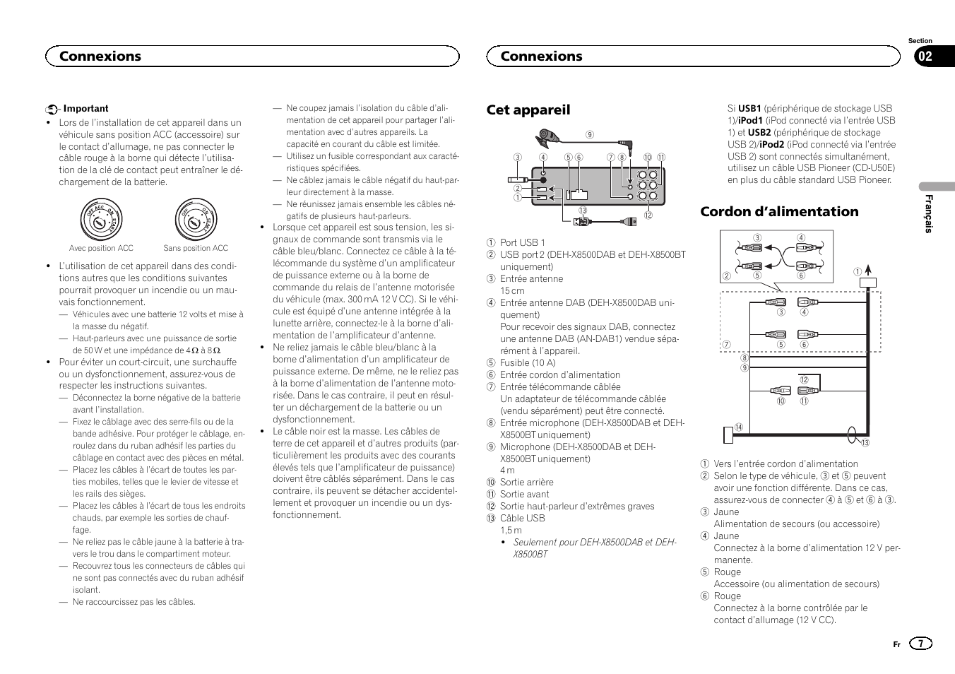 Cet appareil, Cordon d ’alimentation, Connexions | Pioneer DEH-X7500SD User Manual | Page 7 / 32