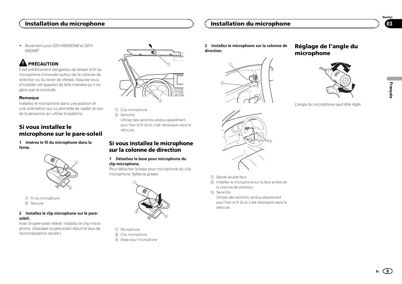 Si vous installez le microphone sur le pare-soleil, Réglage de l ’angle du microphone, Installation du microphone | Pioneer DEH-X7500SD User Manual | Page 9 / 32