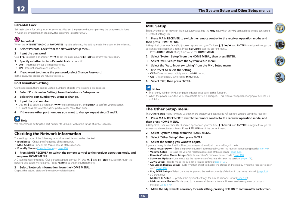 Mhl setup, Checking the network information | Pioneer SC-LX78-K User Manual | Page 107 / 140