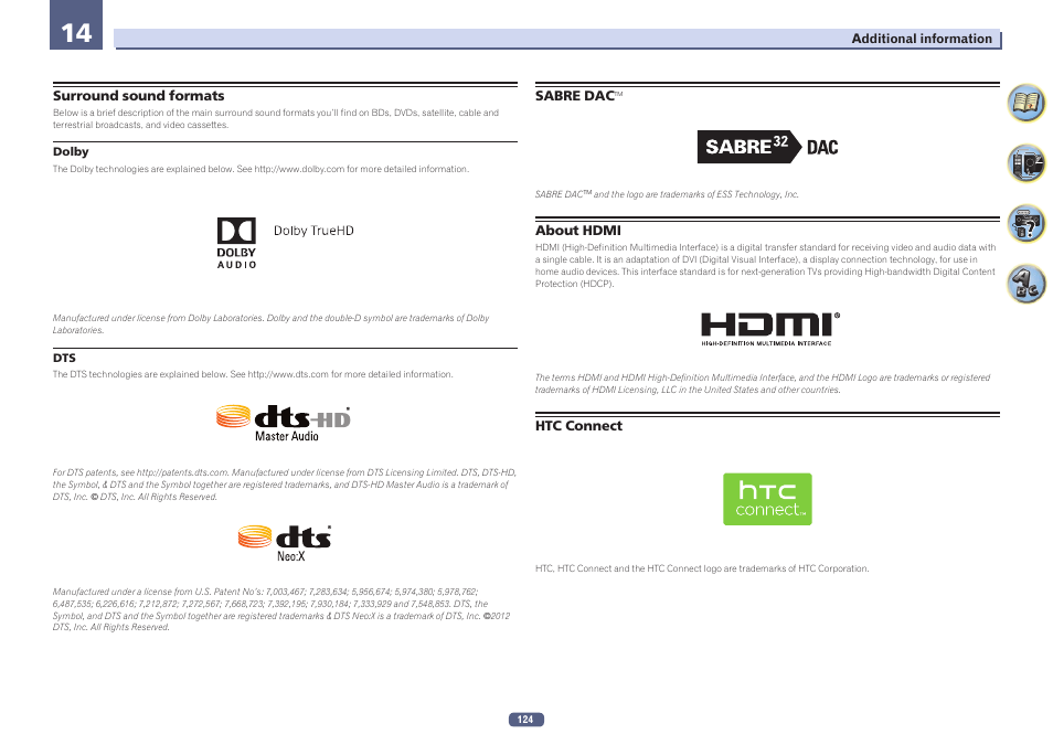 Surround sound formats sabre dac, About hdmi htc connect | Pioneer SC-LX78-K User Manual | Page 124 / 140