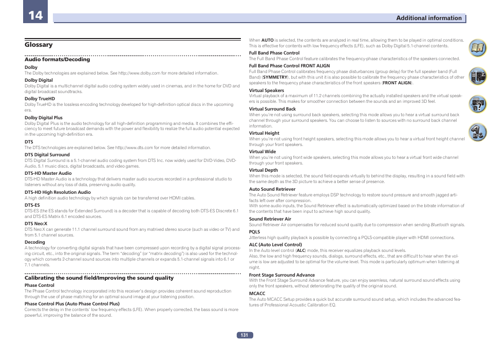 Glossary | Pioneer SC-LX78-K User Manual | Page 131 / 140
