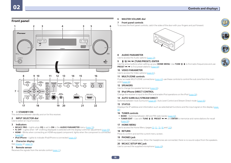 Front panel, Master volume sta nd by / on inp ut selector | Pioneer SC-LX78-K User Manual | Page 16 / 140