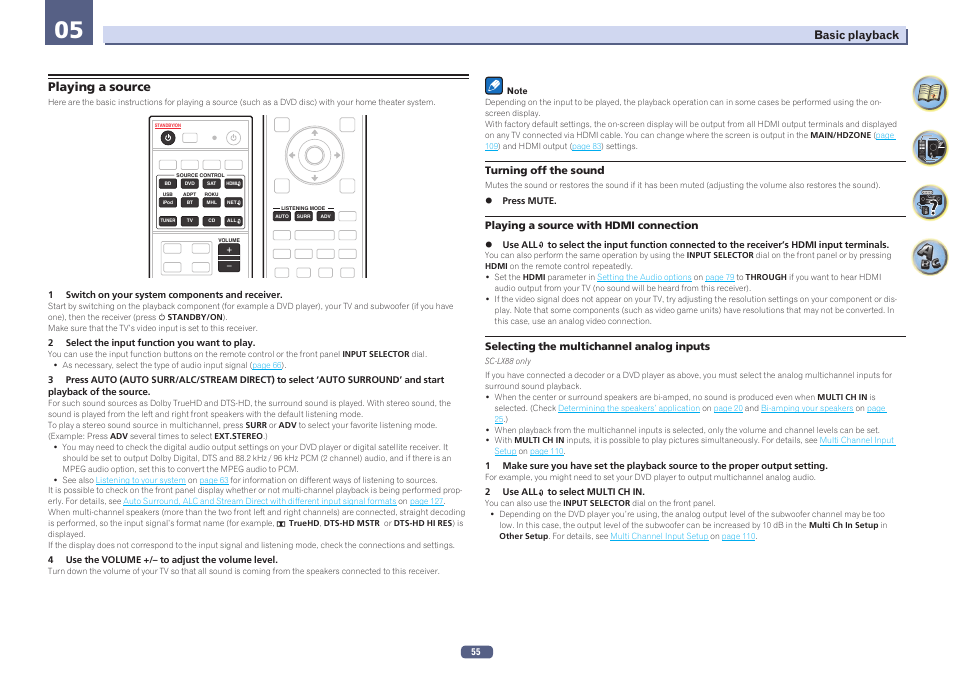 Playing a source, Selecting the multichannel analog inputs | Pioneer SC-LX78-K User Manual | Page 55 / 140